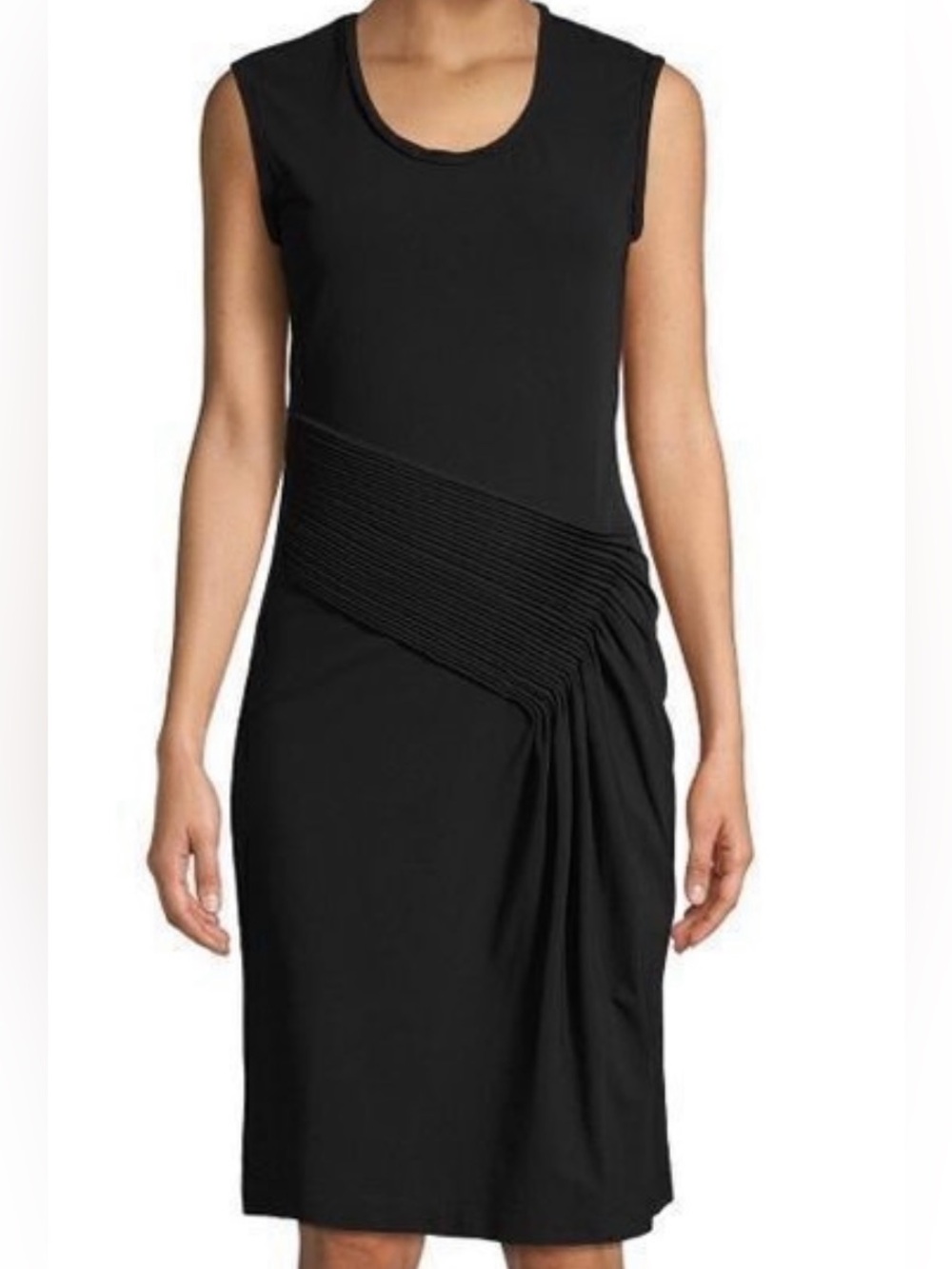 Helmut Lang Black Sleeveless  Dress with Diagonal Pleat Detail Cotton